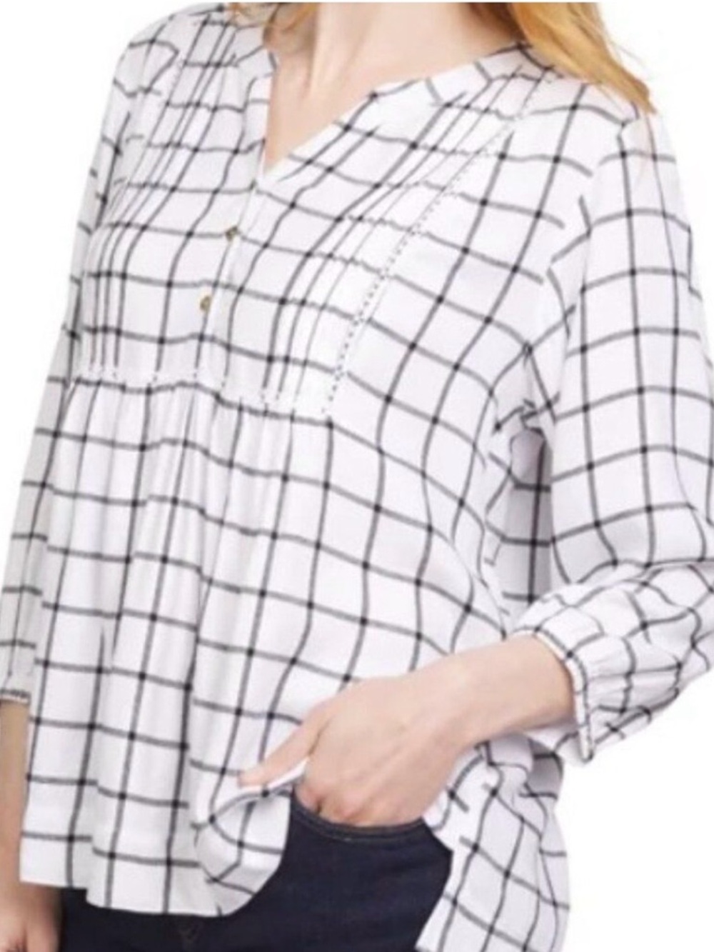 Wrangler White and Black Windowpane Button-Front Blouse